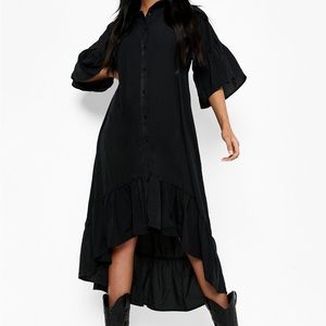 BLACK RUFFLE MIDAXI HIGH-LOW DRESS